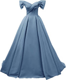 Off Shoulder Satin Prom Dresses for Women V-Neck Elegant A-Line Long Pleated Formal Evening Gown
