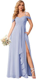 Damen Schulterfreies Brautjungfernkleid Lang mit Schlitz Chiffon Rüschen Falten Formales Partykleid 