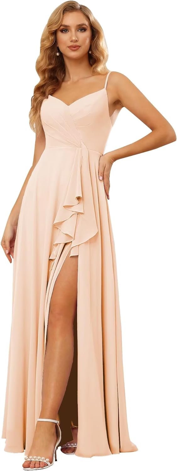 Vestidos de dama de honor largos de gasa con tirantes finos y bolsillos, vestidos formales con volantes y abertura para mujer 