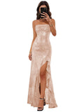 Sparkly Sequin Spaghetti Straps Prom Dresses 2026 Long Ruffles Pleated Formal Evening Dress with Slit