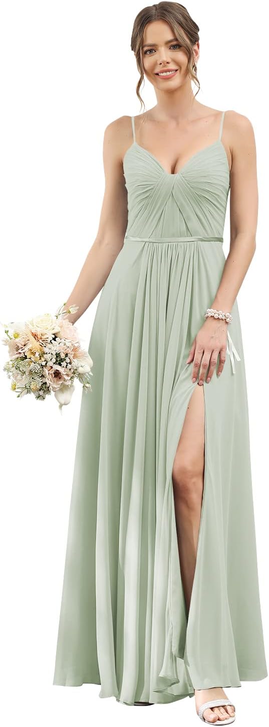 Vestidos de dama de honor largos con tirantes finos y bolsillos, plisados, formales, de noche, con abertura 