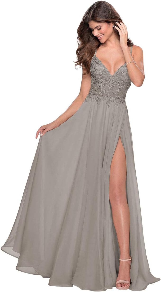 Women's Lace Appliqued Chiffon Prom Dresses Long with Slit Spaghetti Straps V Neck Formal Party Gowns