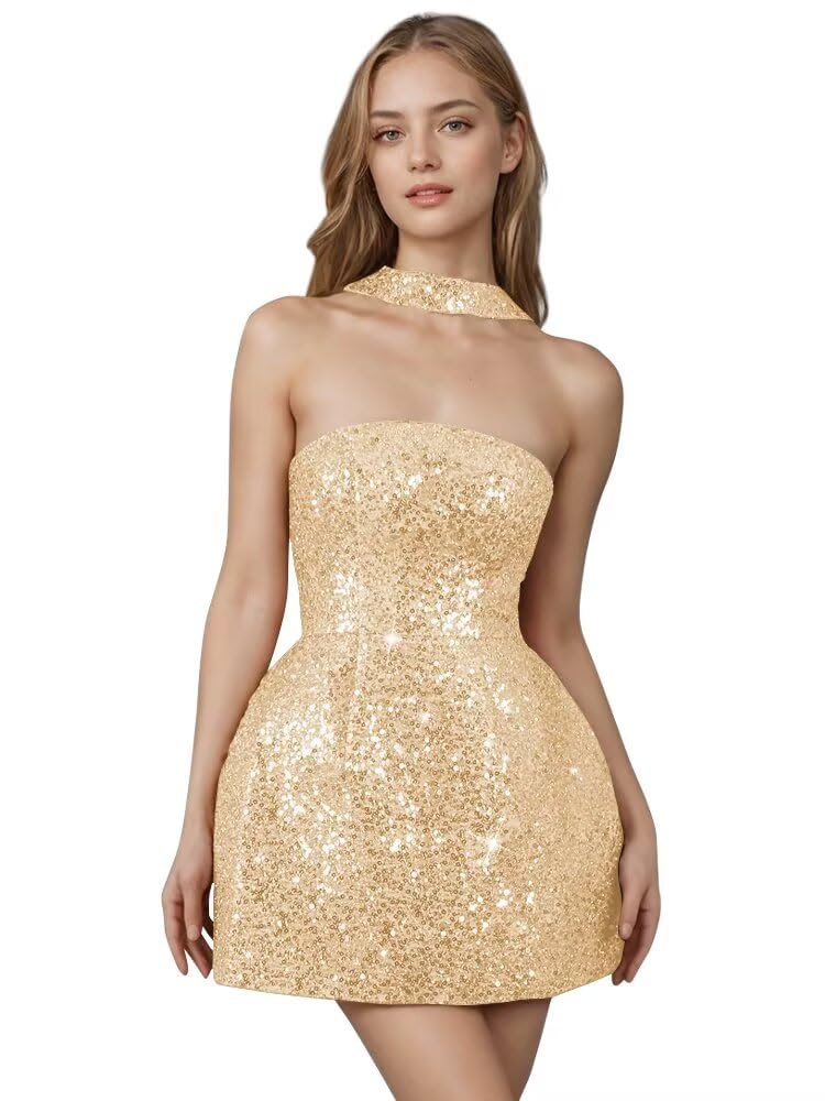Strapless Sequin Homecoming Dresses for Teens Short Prom Dress Sparkly A-Line Cocktail Party Gowns with Pockets