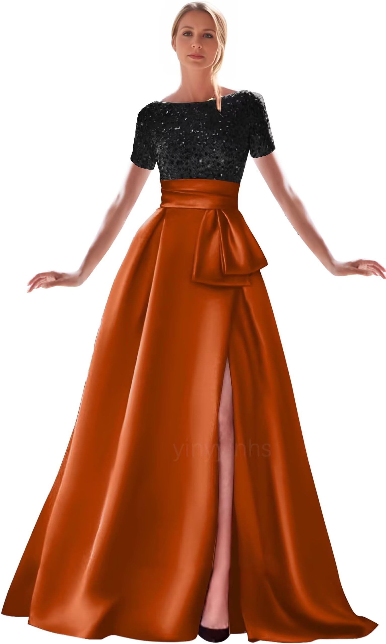 Kingbridal Gowns Short Sleeve Sequin Prom Dresses for Women 2026 Satin A-Line Sparkly Formal Evening Party Ball Gowns with Slit