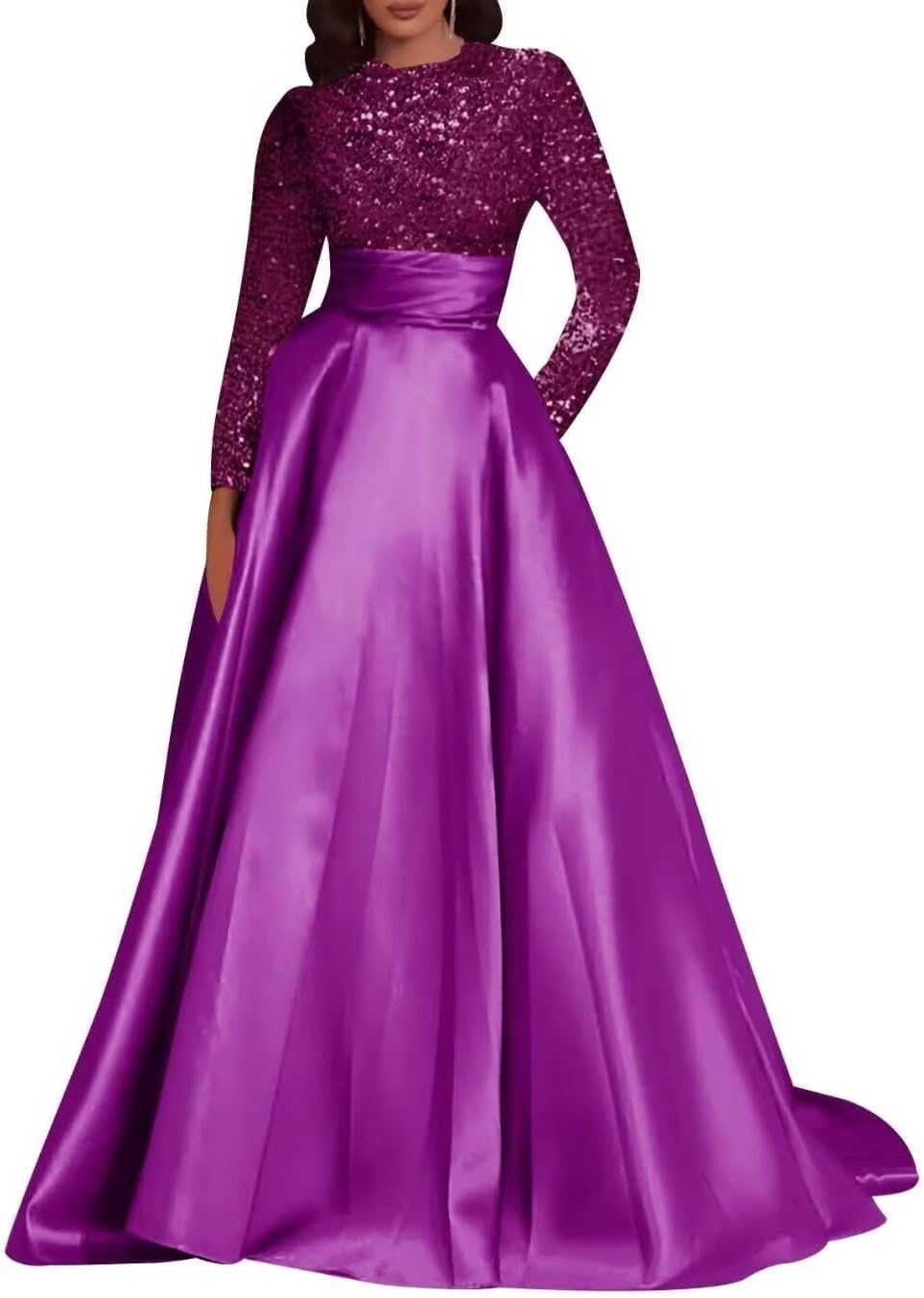 Kingbridal Gowns Long Sleeve Sequin Prom Dresses for Women Satin A-line Formal Dress 2026 Sparkly Evening Party Gowns with Pockets