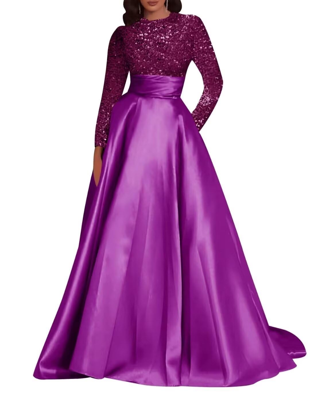 Kingbridal Gowns Long Sleeve Sequin Prom Dresses for Women Satin A-line Formal Dress 2026 Sparkly Evening Party Gowns with Pockets