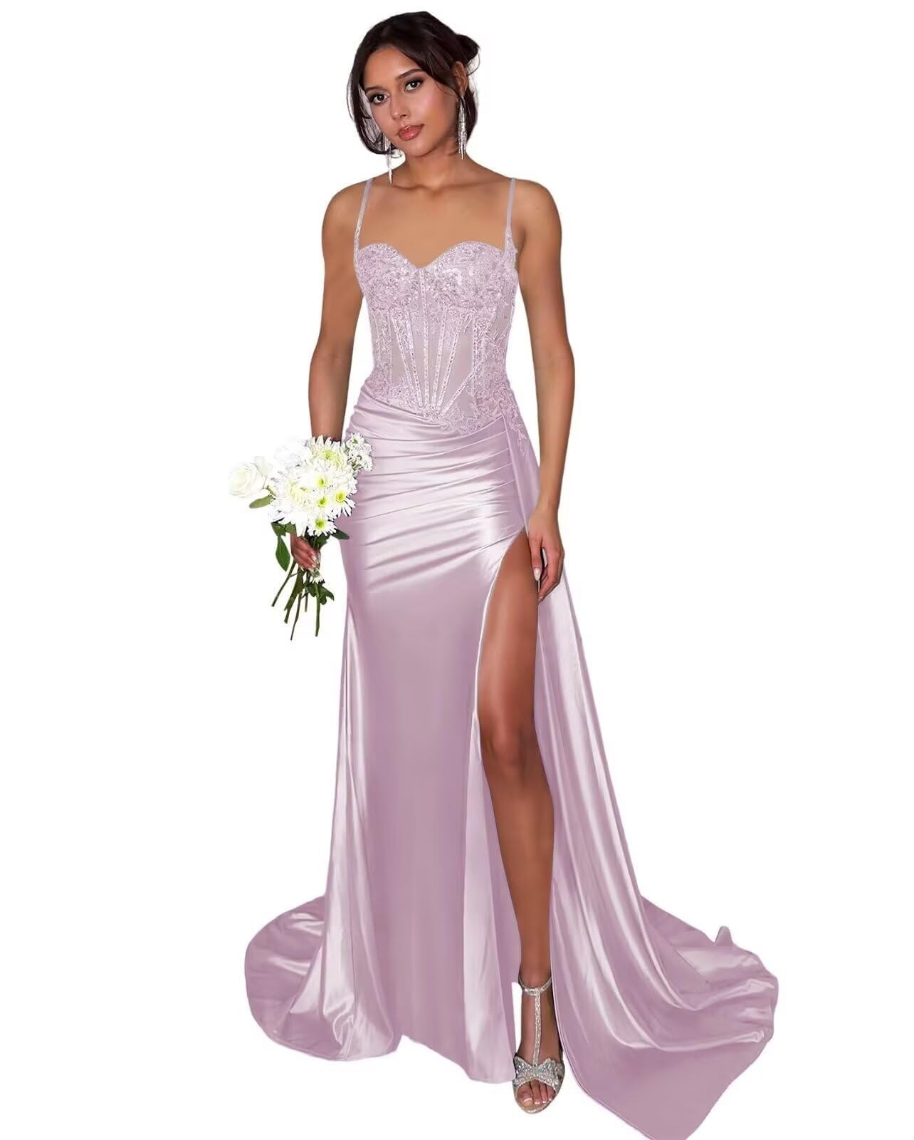Lace Satin Prom Dresses for Women 2026 Long Mermaid Spaghetti Straps Corset Formal Evening Party Dress with Slit