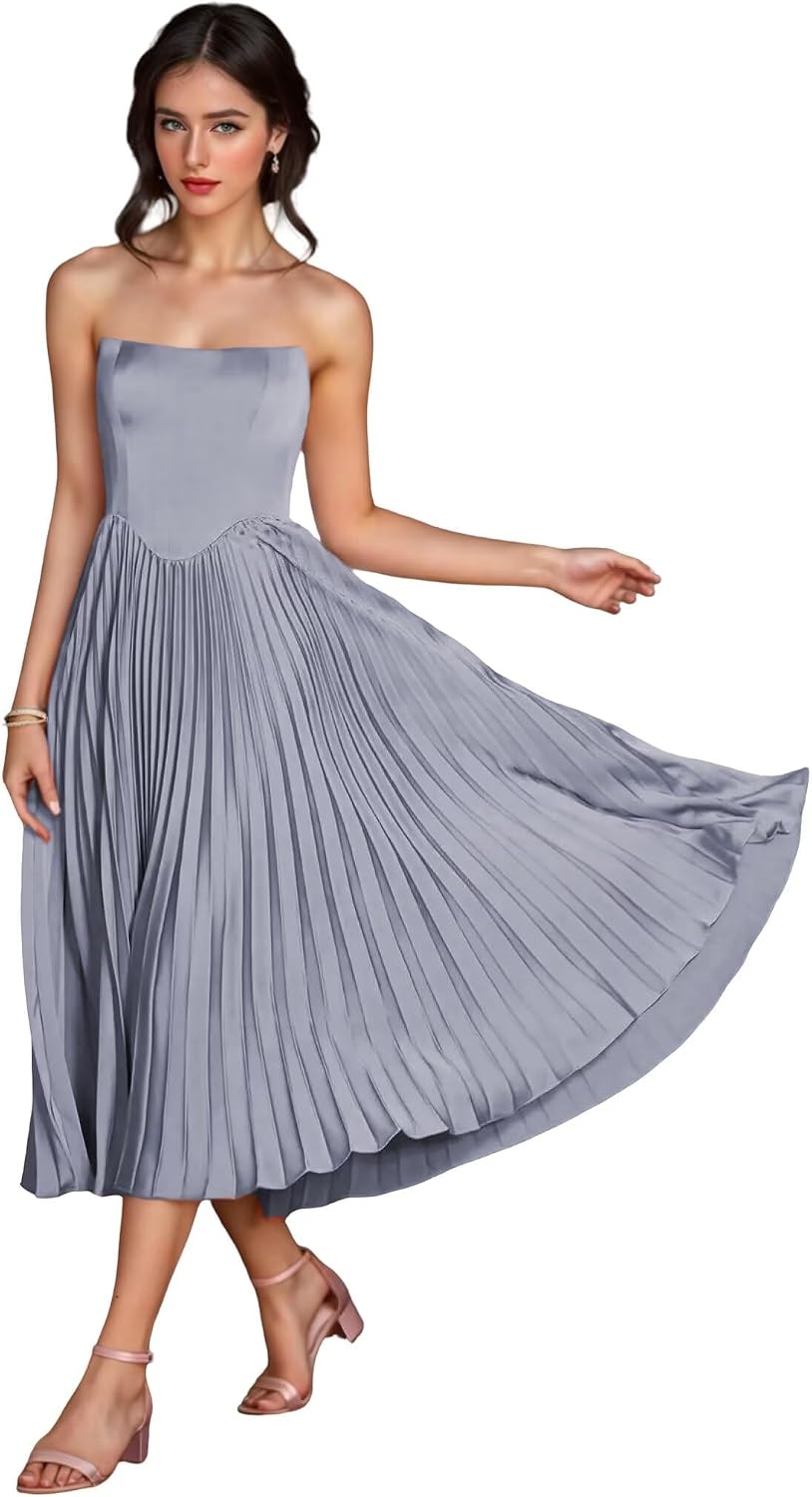 Women's Strapless Bridesmaid Dresses for Womens Tea Length Ruffle Satin Formal Prom Dress