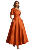 Kingbridal Satin Mother of The Bride Dresses for Women Tea Length Formal Dress One Shoulder Evening Party Gowns with Pockets