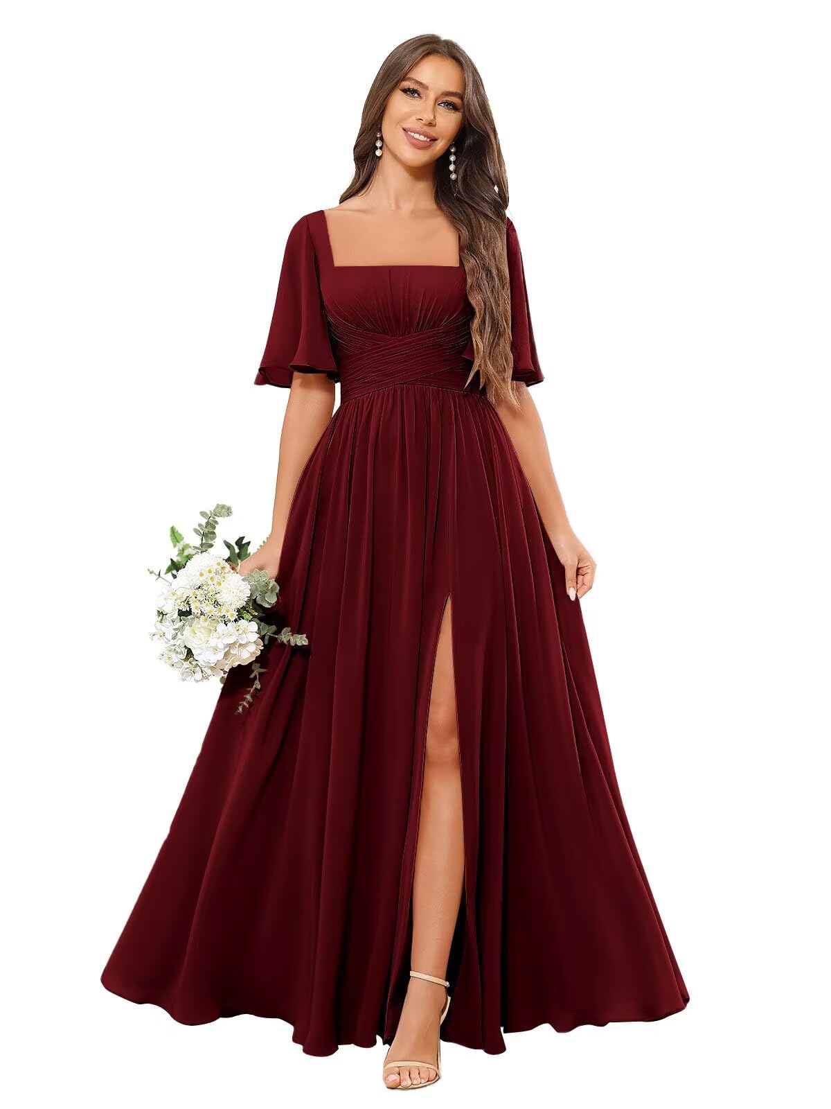 Square Neck Bridesmaid Dresses with Slit Pockets Flutter Sleeve Long Chiffon Formal Wedding Guest Dress