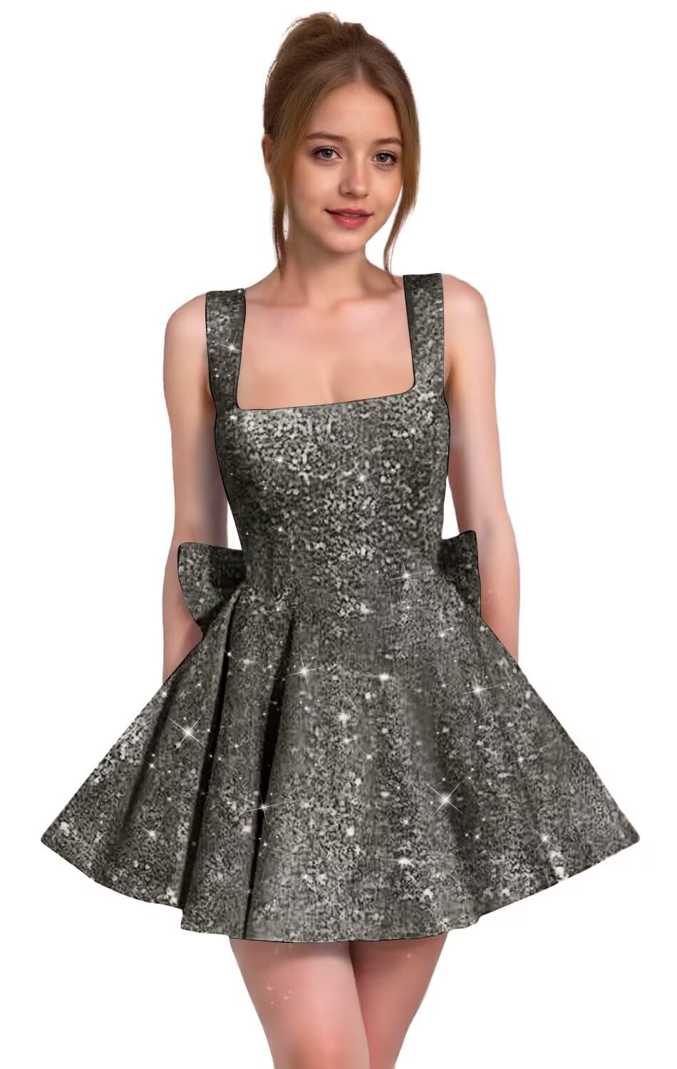 Sparkly Sequin Homecoming Dresses for Teens Short Prom Dress Square Neck Bow Formal Cocktail Gowns with Pockets