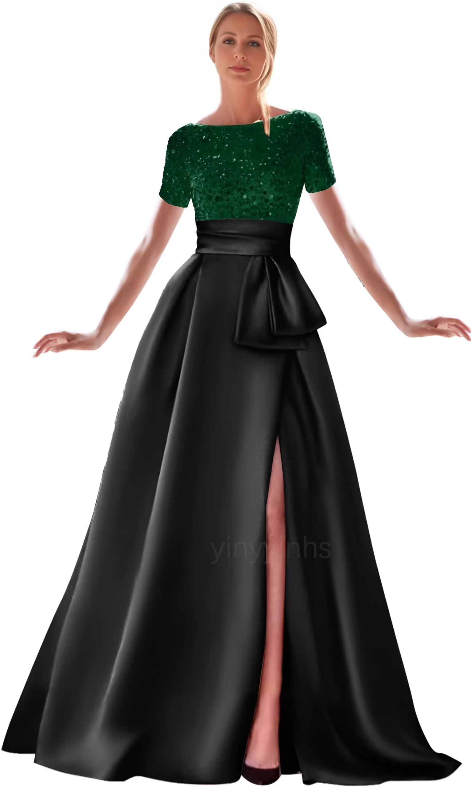 Kingbridal Gowns Short Sleeve Sequin Prom Dresses for Women 2026 Satin A-Line Sparkly Formal Evening Party Ball Gowns with Slit