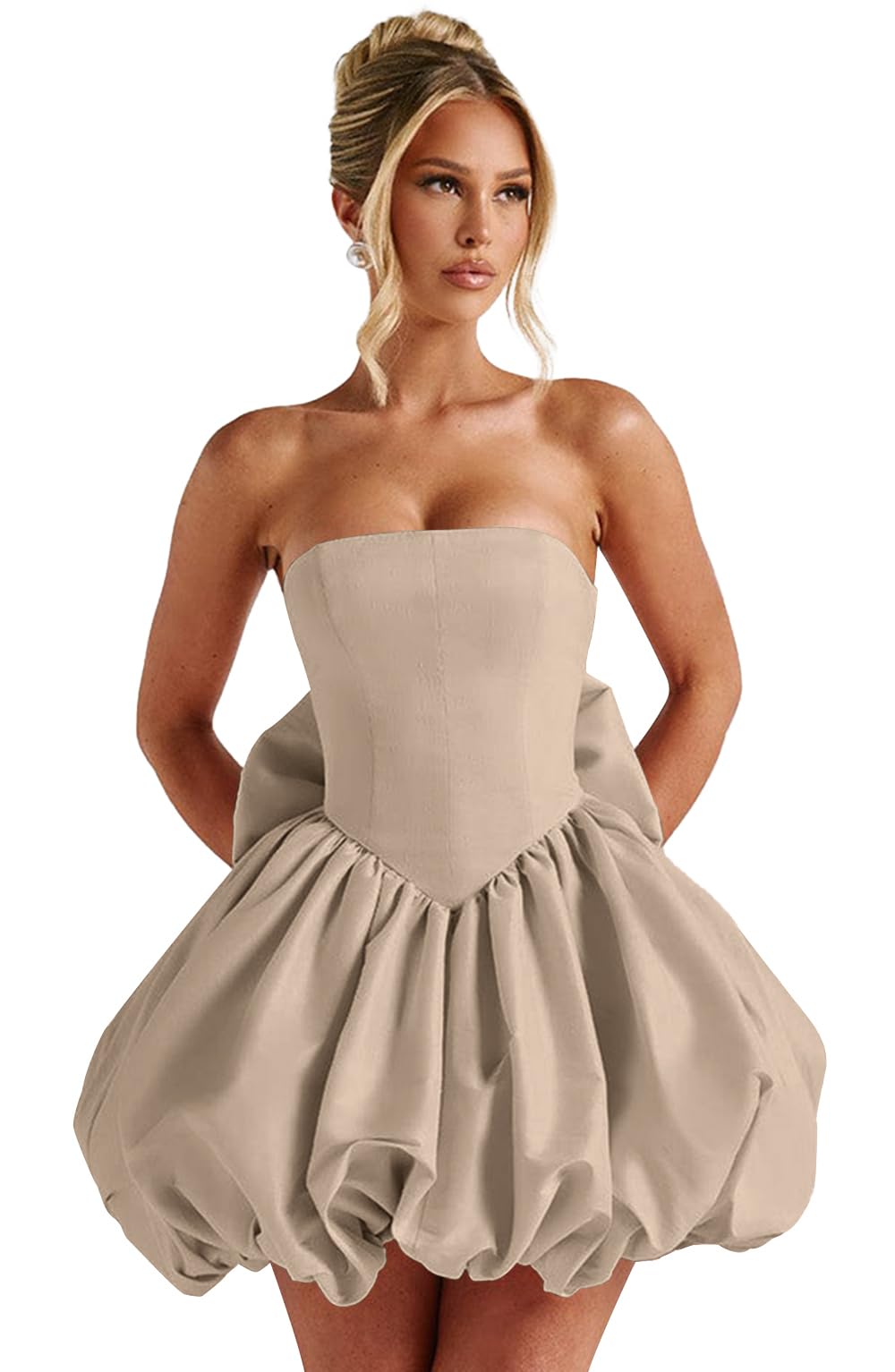 Satin Flower Bud Homecoming Dress Short Prom Dress with Bow Strapless A Line Mini Cocktail Party Gown