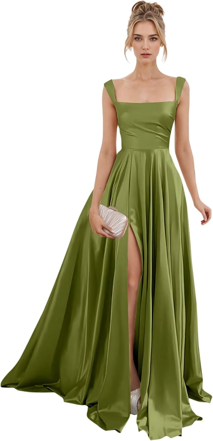 Spaghetti Straps Satin Bridesmaid Dresses for Women Long A-Line Square Neck Formal Evening Party Gown with Slit