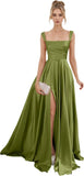 Spaghetti Straps Satin Bridesmaid Dresses for Women Long A-Line Square Neck Formal Evening Party Gown with Slit