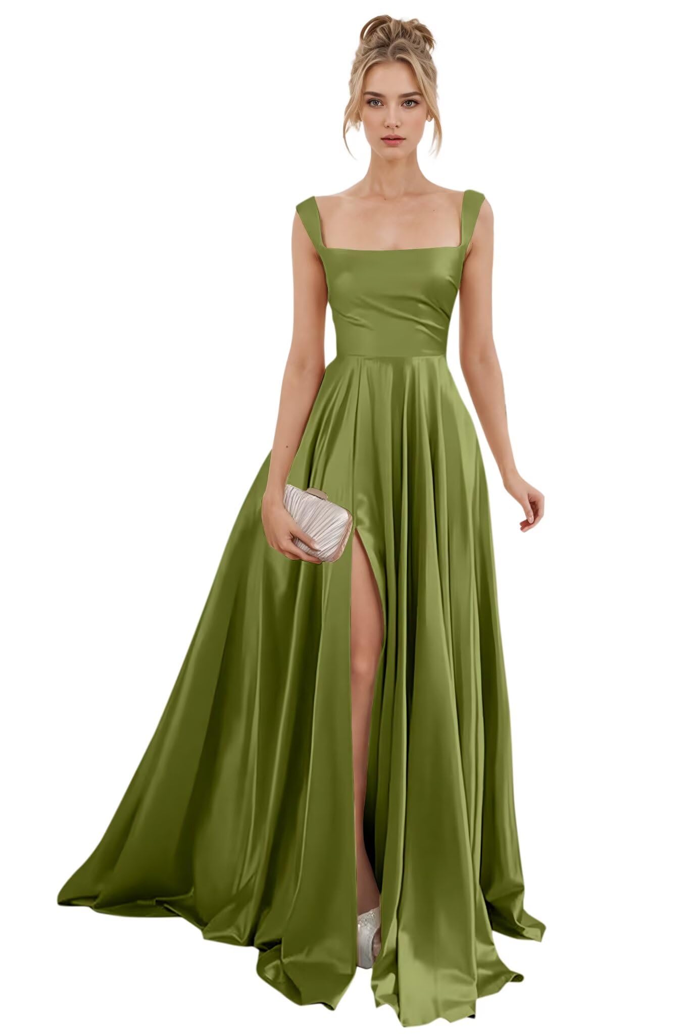 Spaghetti Straps Satin Bridesmaid Dresses for Women Long A-Line Square Neck Formal Evening Party Gown with Slit