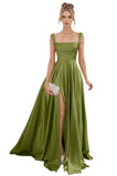 Spaghetti Straps Satin Bridesmaid Dresses for Women Long A-Line Square Neck Formal Evening Party Gown with Slit
