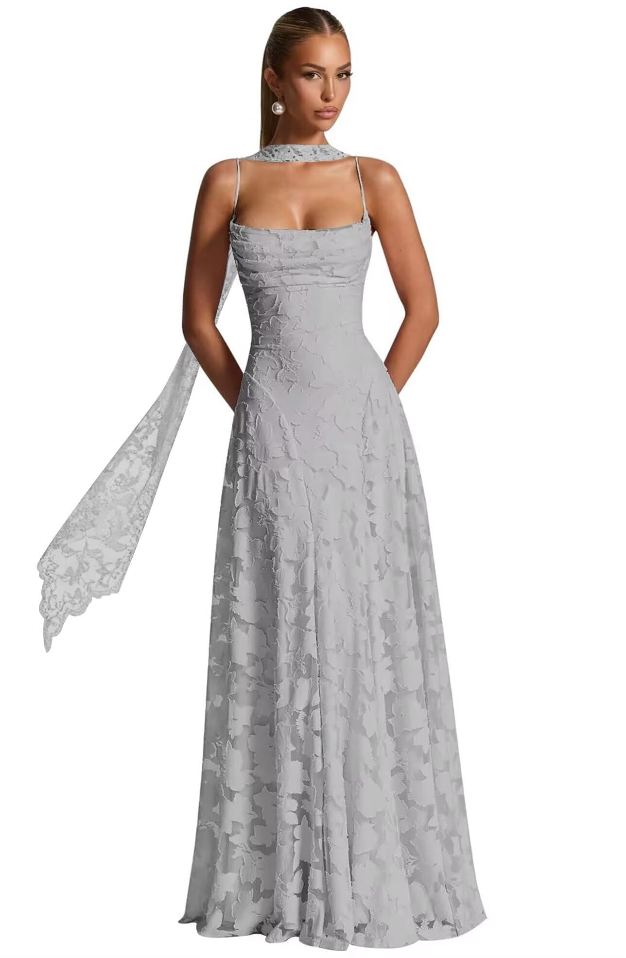 Floral Lace Bridesmaid Dresses for Women Long Spaghetti Straps Formal Evening Gowns with Scarf