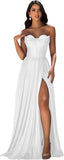 Strapless Prom Dress with Slit Satin A Line Long Ball Gowns for Women Sweetheart Corset Formal Dress with Pockets