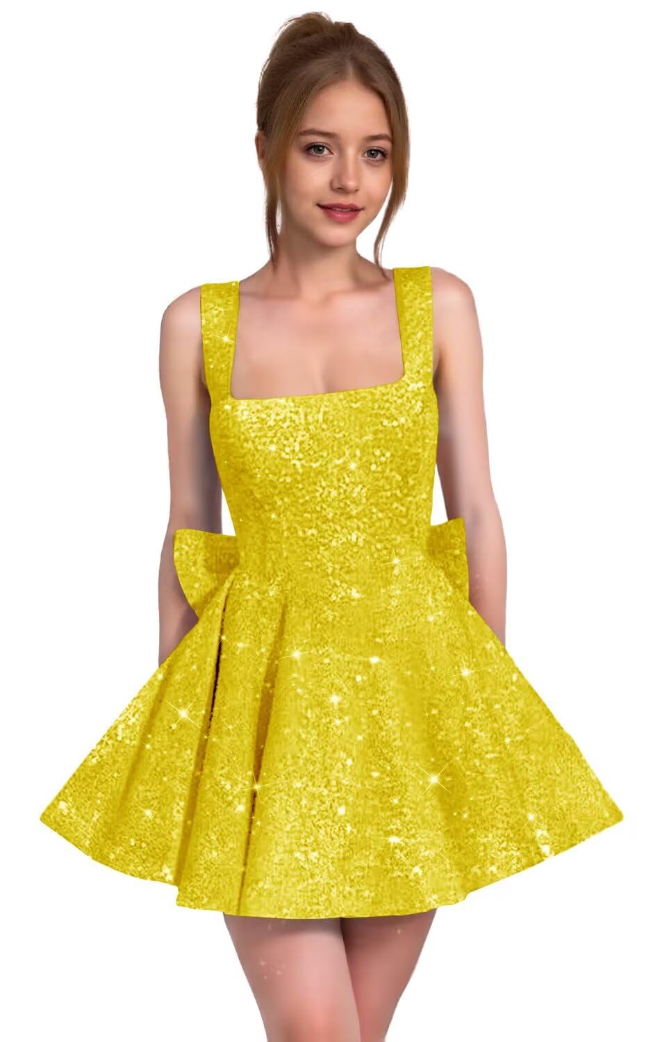 Sparkly Sequin Homecoming Dresses for Teens Short Prom Dress Square Neck Bow Formal Cocktail Gowns with Pockets