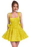 Sparkly Sequin Homecoming Dresses for Teens Short Prom Dress Square Neck Bow Formal Cocktail Gowns with Pockets
