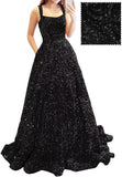 Prom Dresses Long A Line with Pockets Formal Evening Ball Gowns Velvet Velvet Sequins Black Tie Wedding Party Dress