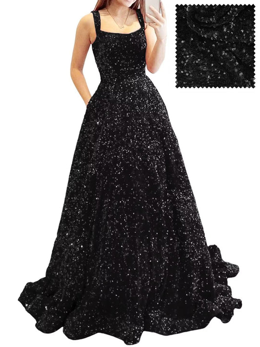 Prom Dresses Long A Line with Pockets Formal Evening Ball Gowns Velvet Velvet Sequins Black Tie Wedding Party Dress