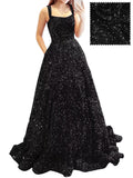 Prom Dresses Long A Line with Pockets Formal Evening Ball Gowns Velvet Velvet Sequins Black Tie Wedding Party Dress