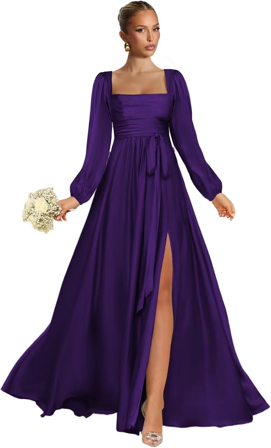 Satin Bridesmaid Dresses with Slit Long Sleeve Square Neck A Line Maxi Formal Dress