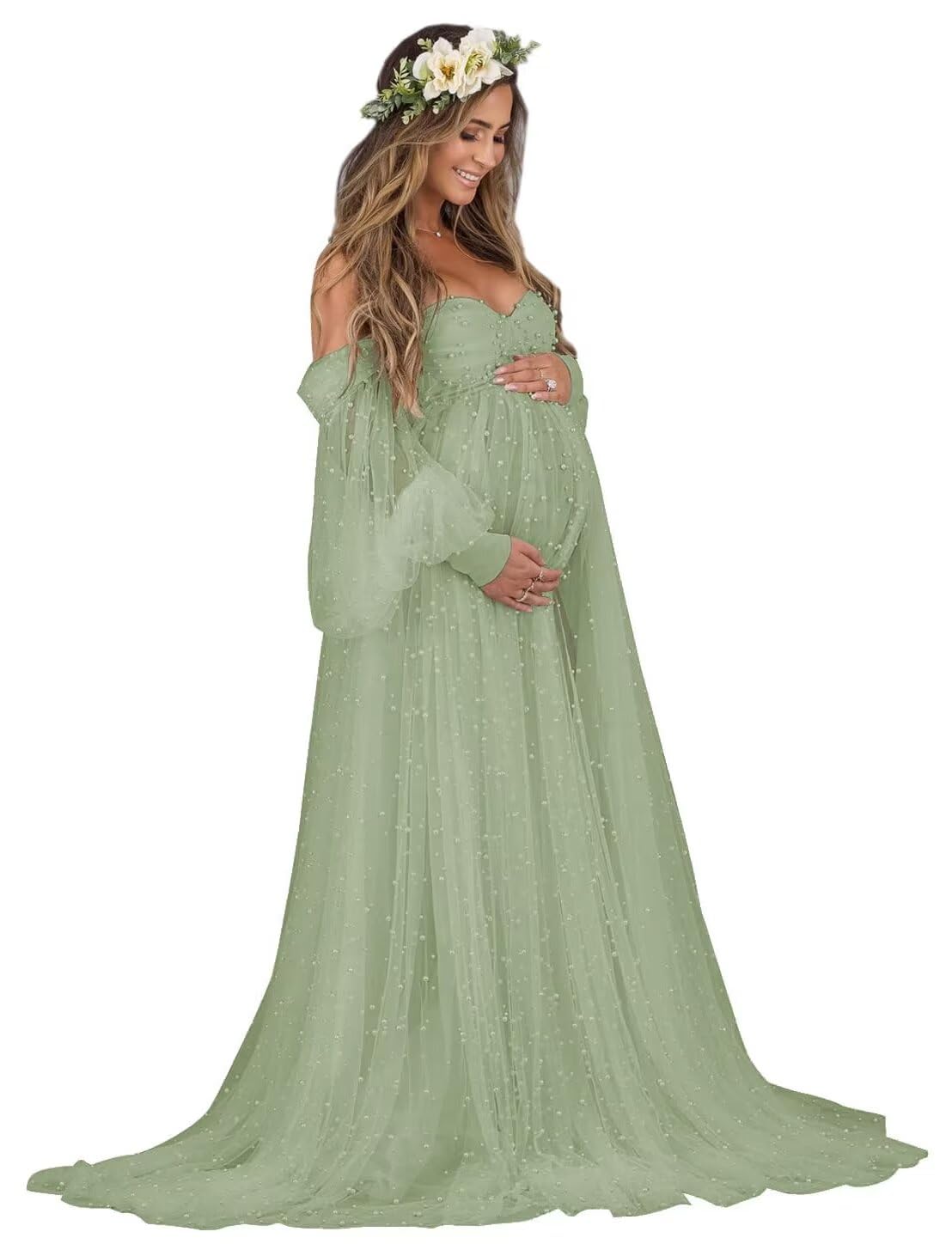 Kingbridal Pearl Tulle Maternity Dress for Photoshoot Long Puffy Sleeve Pregnancy Gown