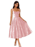 Jacquard Satin Prom Dresses 2026 Floral Square Neck Tea Length Ruched Elegant Formal Ball Gown with Pockets