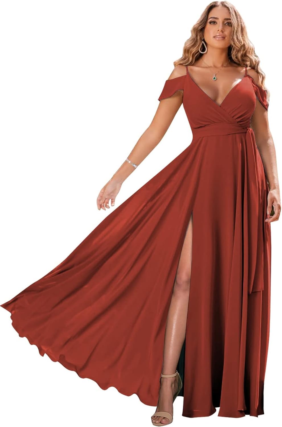 Schulterfreie Brautjungfernkleider 2025 für Frauen, langes Chiffon-Abendkleid mit V-Ausschnitt und Schlitz