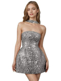 Strapless Sequin Homecoming Dresses for Teens Short Prom Dress Sparkly A-Line Cocktail Party Gowns with Pockets