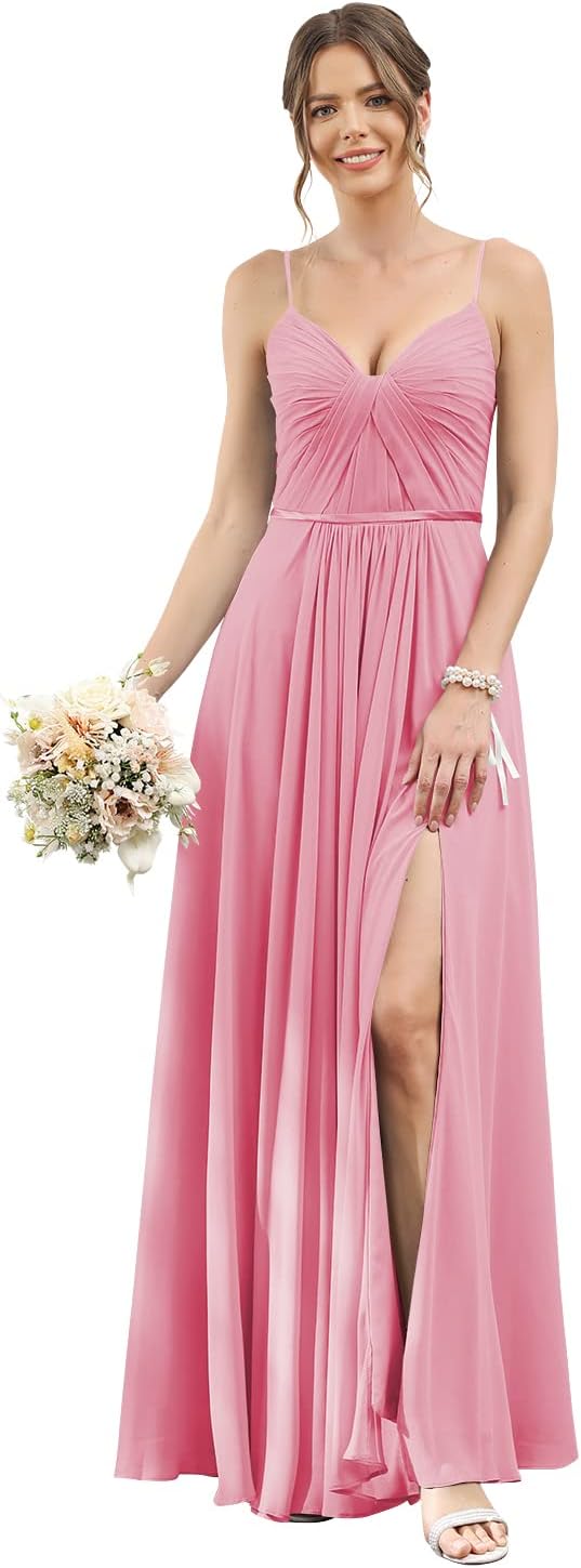 Vestidos de dama de honor largos con tirantes finos y bolsillos, plisados, formales, de noche, con abertura 