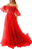 Vestidos de fiesta de tul con hombros descubiertos para adolescentes, vestidos formales con apliques de encaje, vestido de fiesta de noche formal de línea A