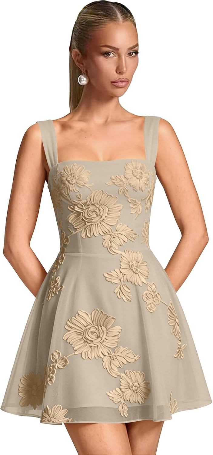 Floral Tulle Homecoming Dresses Short Embroidery Lace A-Line Mini Formal Graduation Cocktail Gown