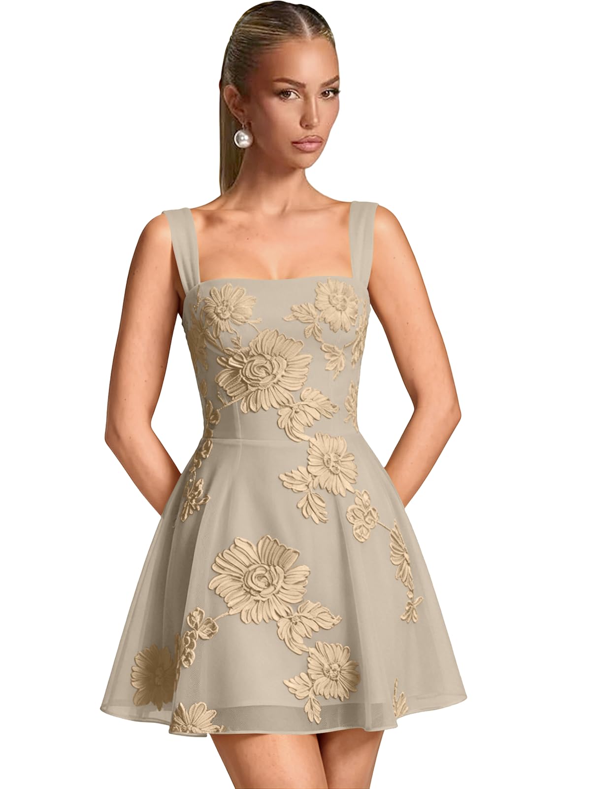 Floral Tulle Homecoming Dresses Short Embroidery Lace A-Line Mini Formal Graduation Cocktail Gown