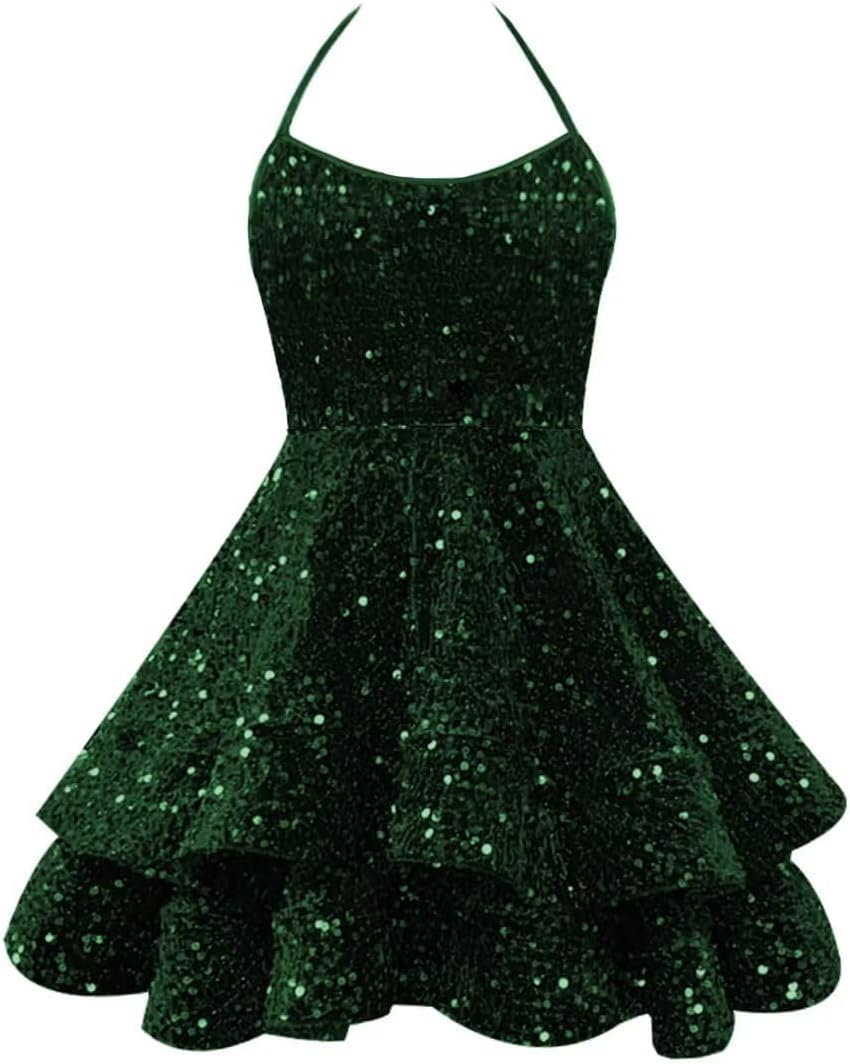 Sparkly Sequin Homecoming Dresses 2026 Spaghetti Straps Tiered Prom Dresses for Teens Short Cocktail Party Gowns