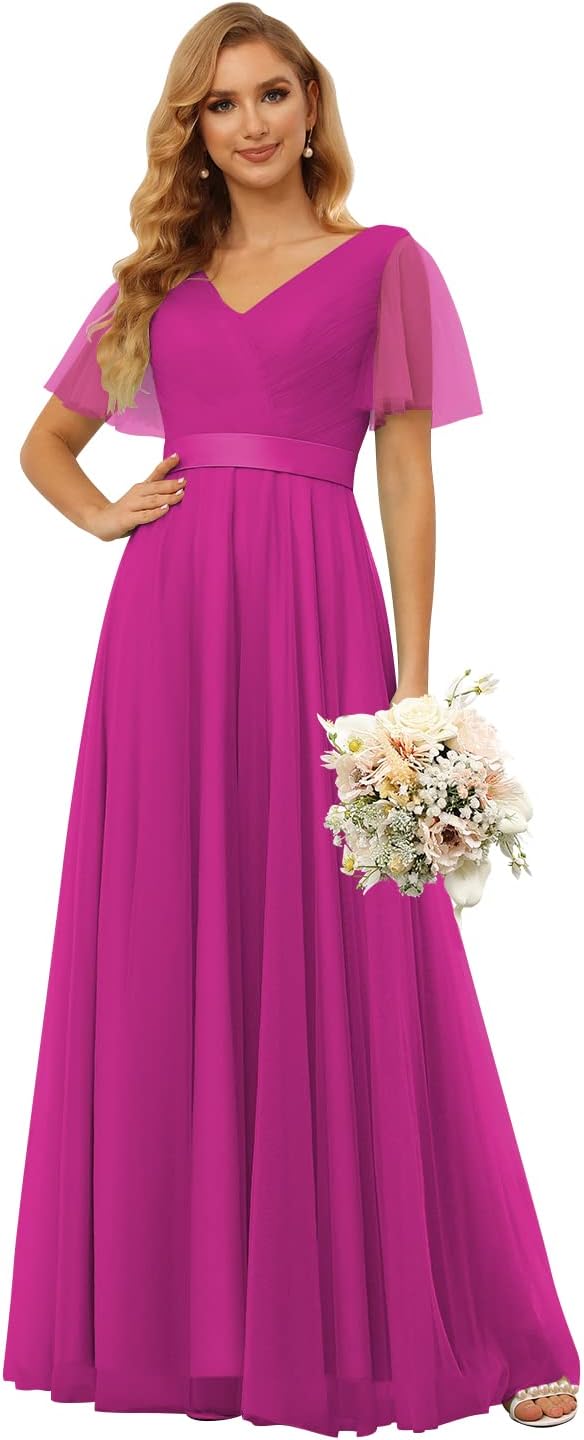 Damen Brautjungfernkleider mit Flatterärmeln, Tüll, lang, V-Ausschnitt, Empire-Taille, formelles Kleid 