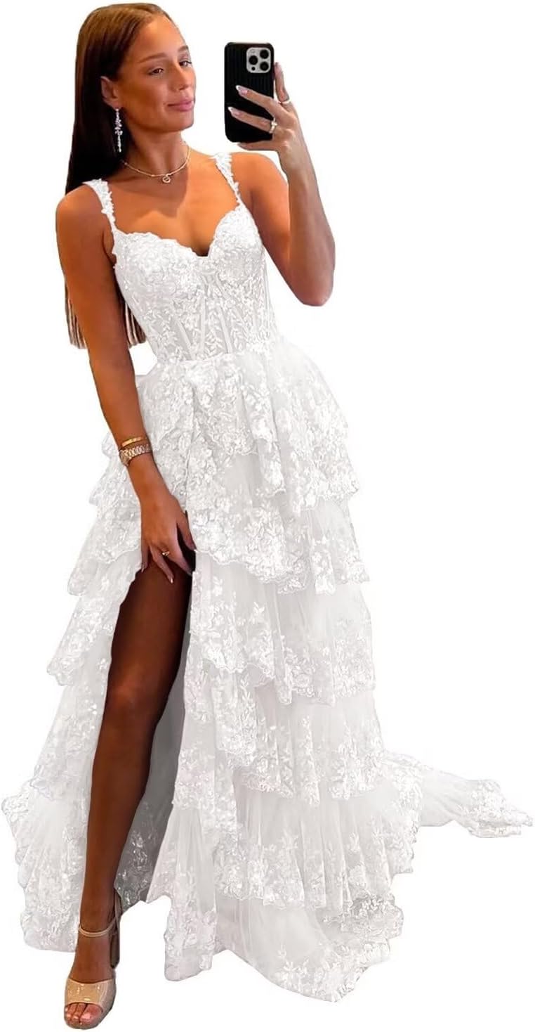 Vestido de fiesta de tul con encaje y capas, tirantes finos y abertura larga, corsé brillante, vestidos formales de fiesta de noche 