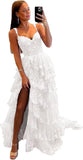 Vestido de fiesta de tul con encaje y capas, tirantes finos y abertura larga, corsé brillante, vestidos formales de fiesta de noche 