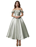 Women's Off Shoulder Wedding Dresses for Bride Tea Length Elegant A Line Satin Prom Dress Midi Evening Gowns