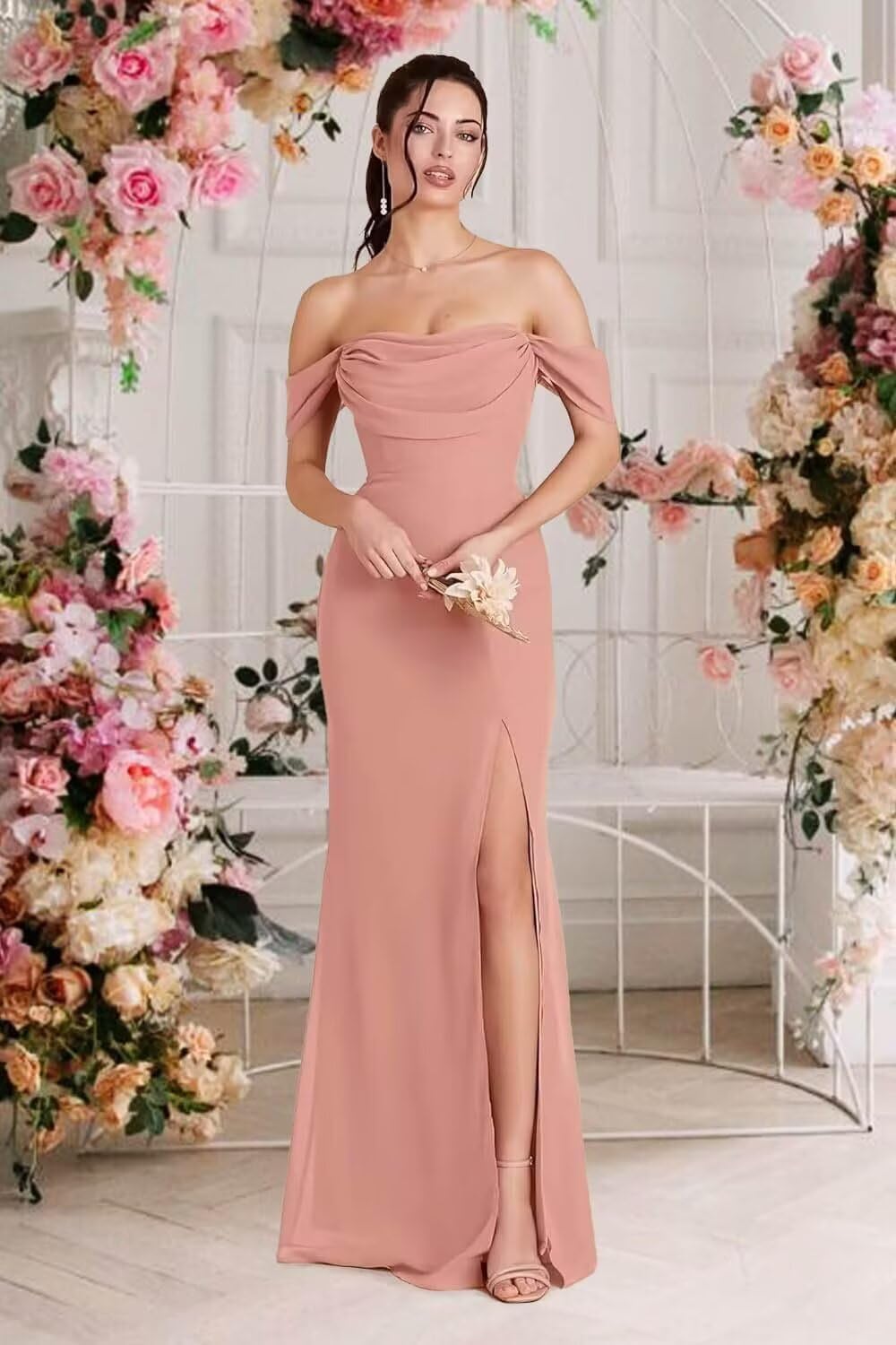Kingbridal Gowns Off Shoulder Chiffon Bridesmaid Dresses for Women 2026 Long Ruched Cowl Neck Formal Evening Party Dress with Slit