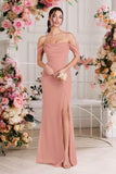 Kingbridal Gowns Off Shoulder Chiffon Bridesmaid Dresses for Women 2026 Long Ruched Cowl Neck Formal Evening Party Dress with Slit