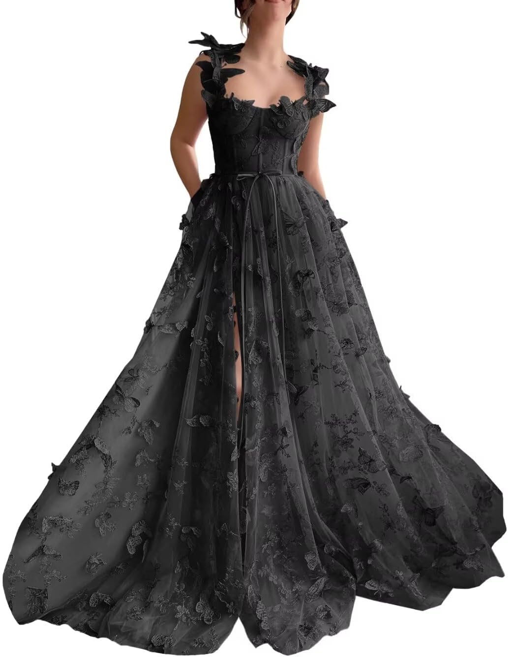 Vestidos de fiesta largos de tul con mariposas 3D para adolescentes, vestidos de fiesta formales de noche bordados con abertura 