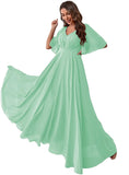 Women's Batwing Sleeve Chiffon Bridesmaid Dresses with Pockets V Neck Long Formal Evening Dress