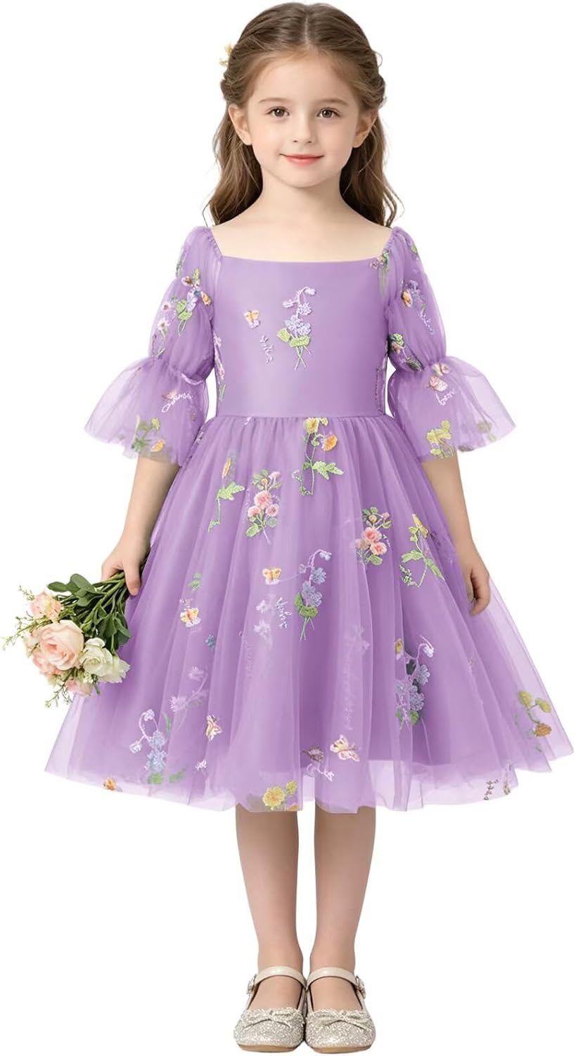 Floral Embroidery Flower Girl Dress Puff Sleeve Birthday Party Gown Girls Tulle A-Line Short Wedding Guests Dresses