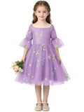 Floral Embroidery Flower Girl Dress Puff Sleeve Birthday Party Gown Girls Tulle A-Line Short Wedding Guests Dresses