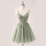 Lace Applique Tulle Homecoming Dresses for Teens Sparkly 3D Flower Short Prom Dress Sequin Quinceanera DAMA Dress