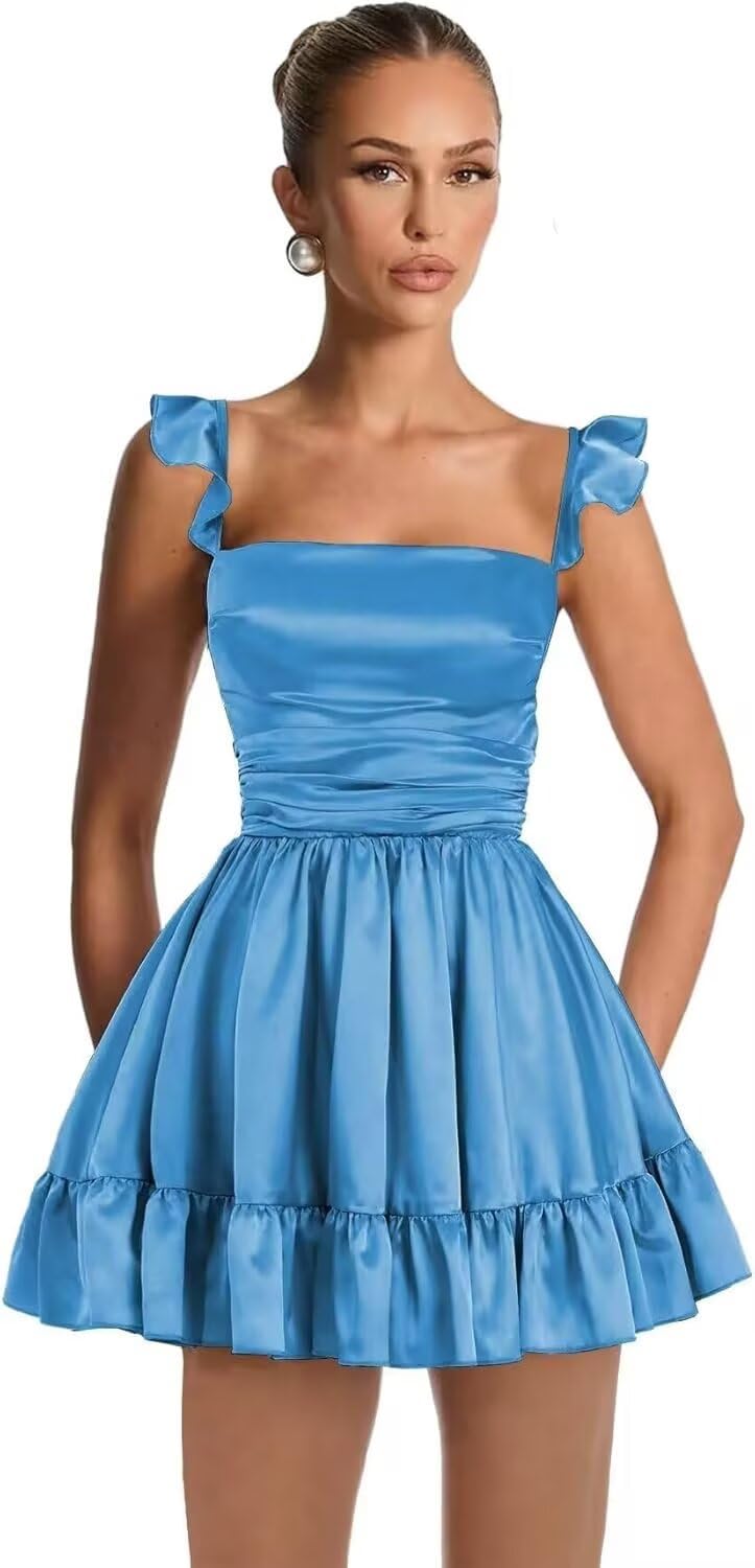 Satin Homecoming Dresses for Teens 2027 A-line Ruched Square Neck Short Prom Formal Cocktail Gowns with Pockets